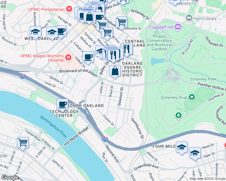 map of restaurants, bars, coffee shops, grocery stores, and more near 3328 Ward Street in Pittsburgh