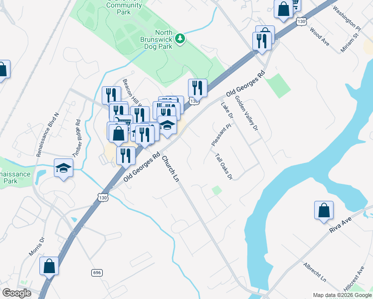map of restaurants, bars, coffee shops, grocery stores, and more near 3 Peppermint Hill Road in North Brunswick Township