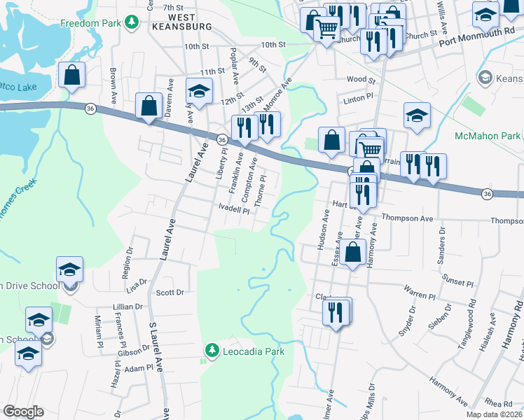 map of restaurants, bars, coffee shops, grocery stores, and more near 9 Truman Place in Keansburg