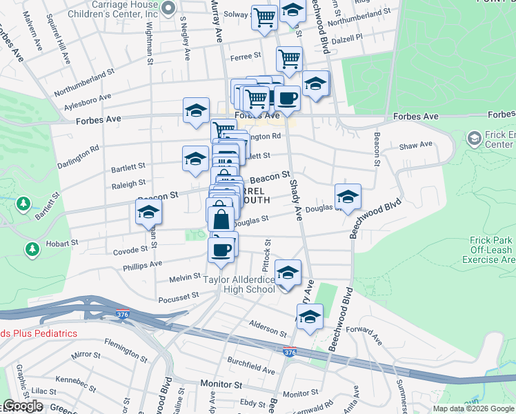 map of restaurants, bars, coffee shops, grocery stores, and more near 5837 Hobart Street in Pittsburgh