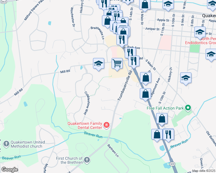 map of restaurants, bars, coffee shops, grocery stores, and more near 1344 Grey Fox Circle in Quakertown