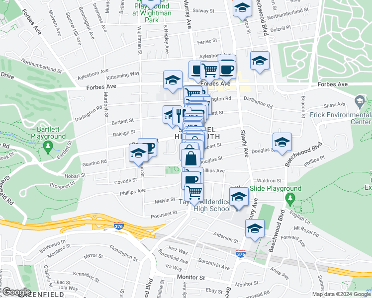 map of restaurants, bars, coffee shops, grocery stores, and more near 5735 Hobart Street in Pittsburgh