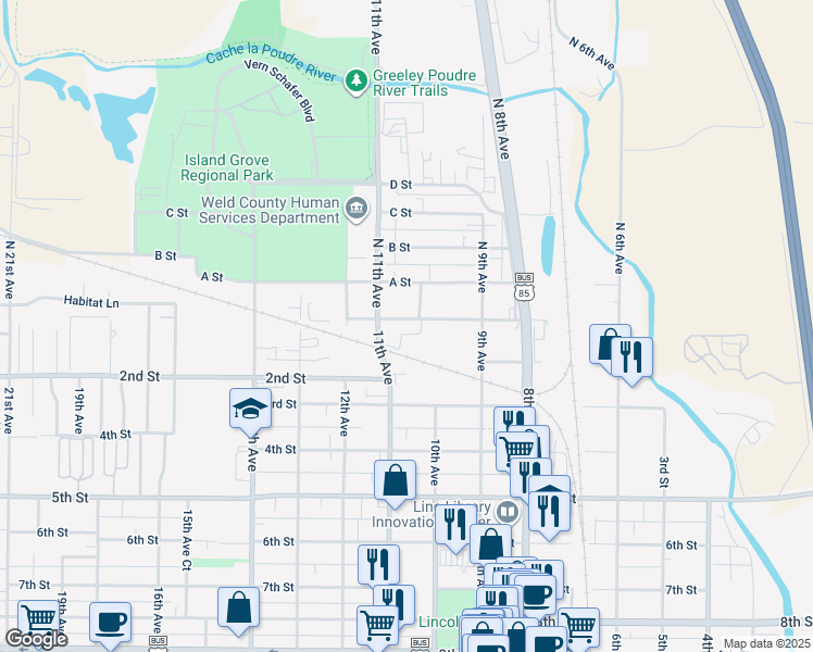 map of restaurants, bars, coffee shops, grocery stores, and more near 1006 1st Street in Greeley