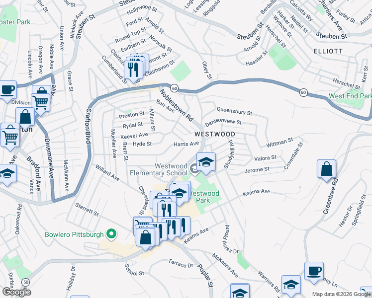 map of restaurants, bars, coffee shops, grocery stores, and more near 1307 Kinmount Street in Pittsburgh
