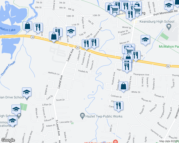map of restaurants, bars, coffee shops, grocery stores, and more near 55 Thorne Place in Keansburg