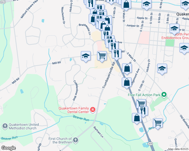 map of restaurants, bars, coffee shops, grocery stores, and more near 1344 Grey Fox Circle in Quakertown