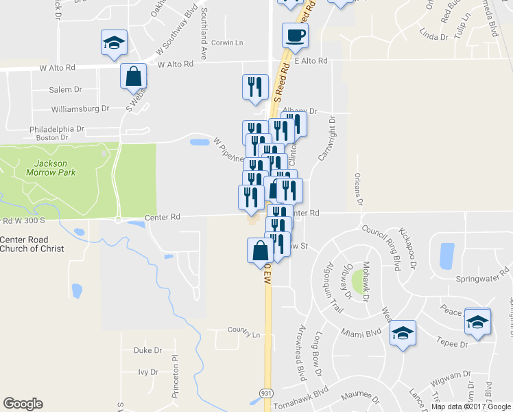 map of restaurants, bars, coffee shops, grocery stores, and more near 84 County Road W 300 South in Kokomo