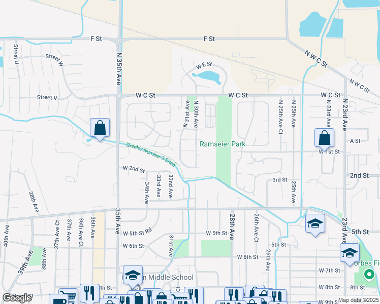 map of restaurants, bars, coffee shops, grocery stores, and more near 61201 West A Street Road in Greeley
