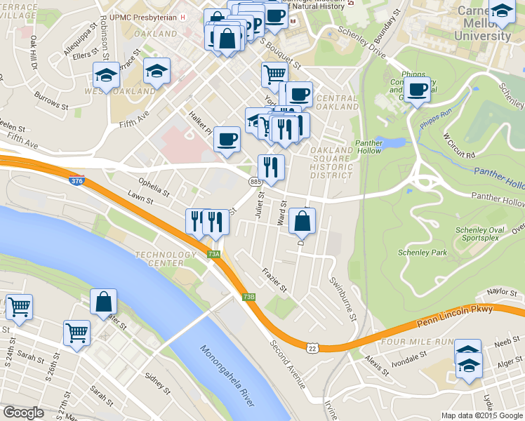 map of restaurants, bars, coffee shops, grocery stores, and more near 3326 Juliet Street in Pittsburgh