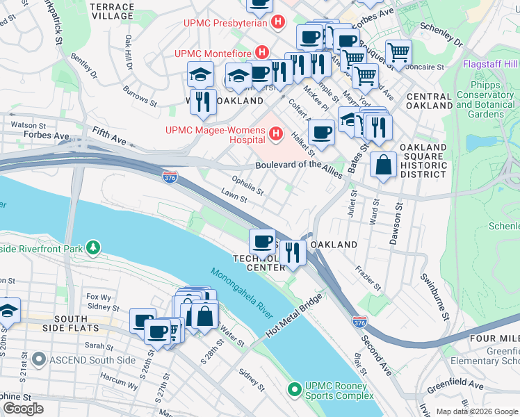map of restaurants, bars, coffee shops, grocery stores, and more near 3101 Kennett Square in Pittsburgh