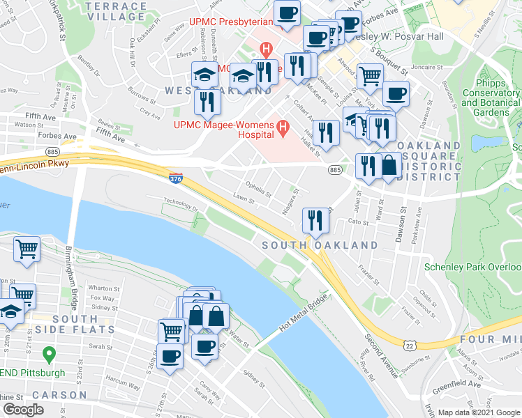 map of restaurants, bars, coffee shops, grocery stores, and more near 3101 Kennett Square in Pittsburgh