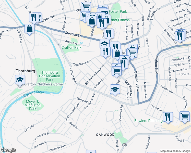 map of restaurants, bars, coffee shops, grocery stores, and more near 24 Warren Street in Crafton