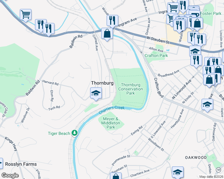 map of restaurants, bars, coffee shops, grocery stores, and more near 1109 Princeton Road in Pittsburgh