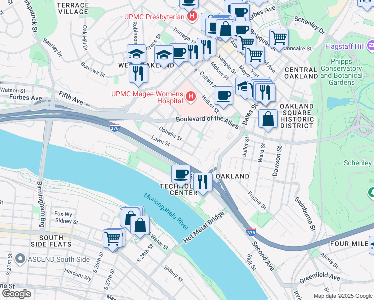 map of restaurants, bars, coffee shops, grocery stores, and more near 3201 Niagara Street in Pittsburgh