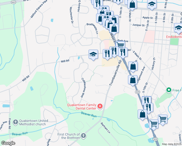 map of restaurants, bars, coffee shops, grocery stores, and more near 1309 Grey Fox Circle in Quakertown