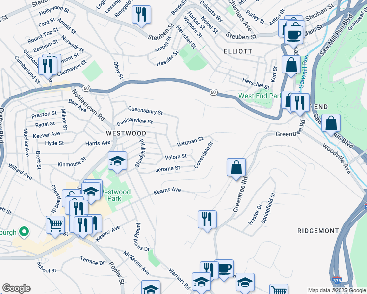 map of restaurants, bars, coffee shops, grocery stores, and more near 635 Wittman Street in Pittsburgh
