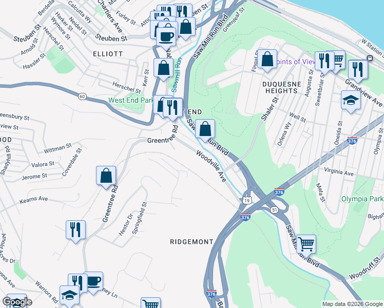 map of restaurants, bars, coffee shops, grocery stores, and more near 1921 Woodville Avenue in Pittsburgh