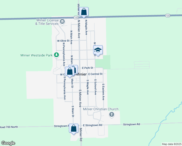 map of restaurants, bars, coffee shops, grocery stores, and more near 205 East Central Street in Minier