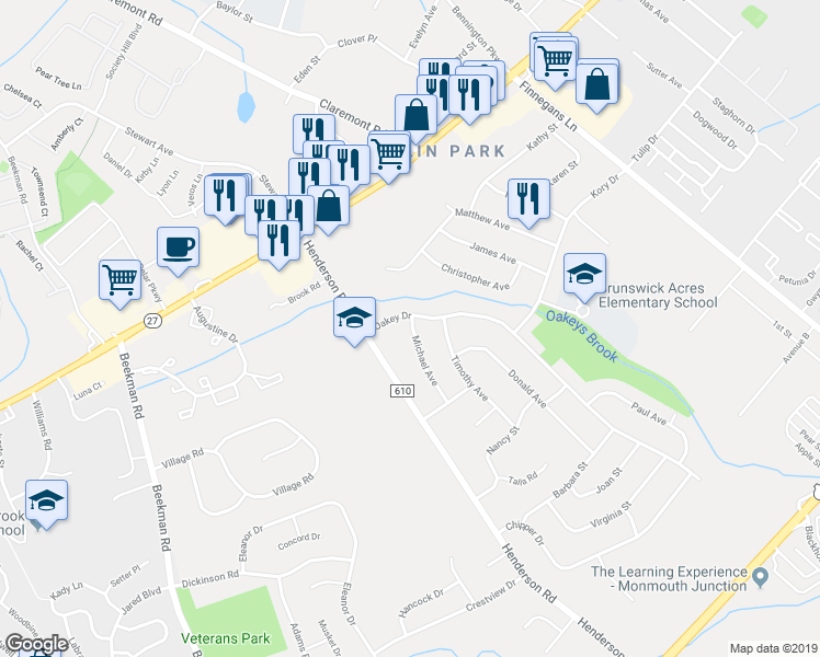 map of restaurants, bars, coffee shops, grocery stores, and more near 4 Michael Avenue in South Brunswick Township