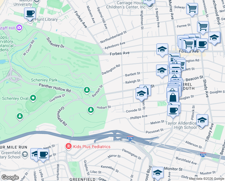 map of restaurants, bars, coffee shops, grocery stores, and more near 5427 Beacon Street in Pittsburgh