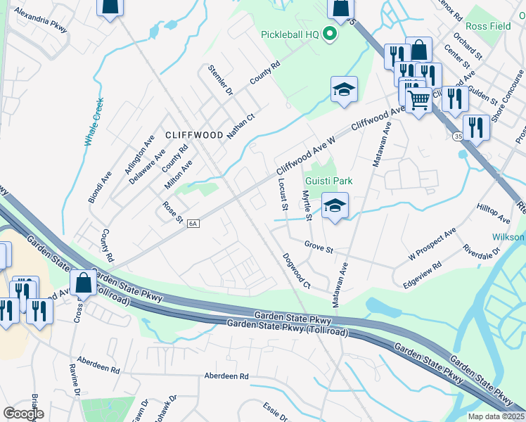 map of restaurants, bars, coffee shops, grocery stores, and more near 49 Athens Way in Aberdeen Township
