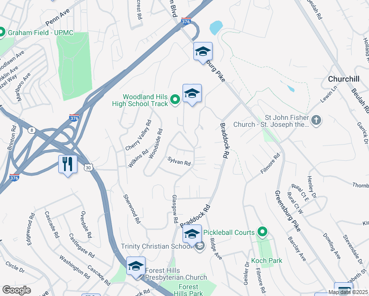 map of restaurants, bars, coffee shops, grocery stores, and more near 19 Hillcrest Road in Pittsburgh