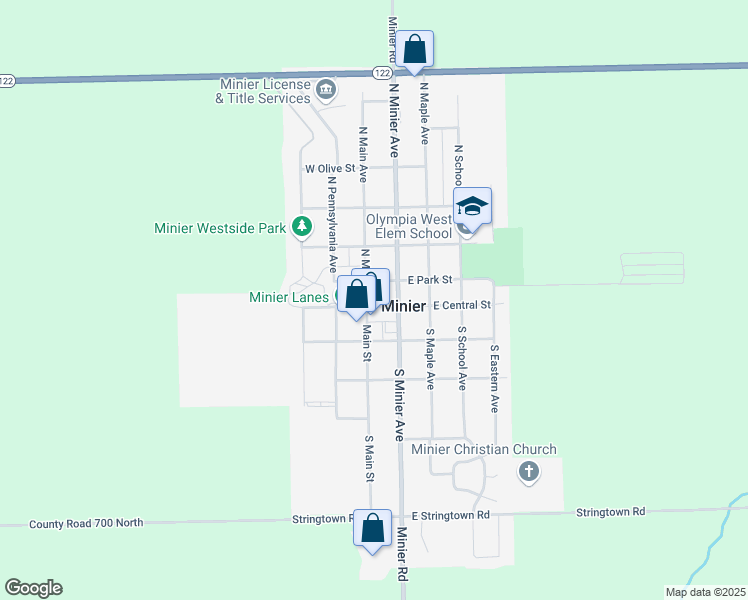 map of restaurants, bars, coffee shops, grocery stores, and more near 102 North Main Avenue in Minier