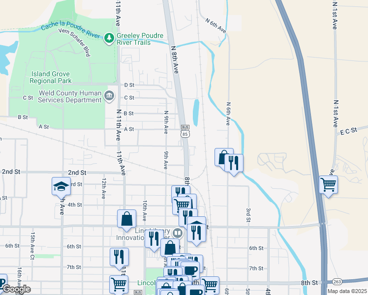 map of restaurants, bars, coffee shops, grocery stores, and more near 814 1st Street in Greeley