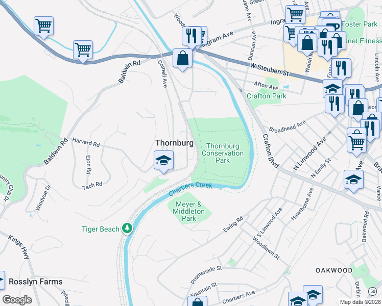 map of restaurants, bars, coffee shops, grocery stores, and more near 1109 Princeton Road in Pittsburgh