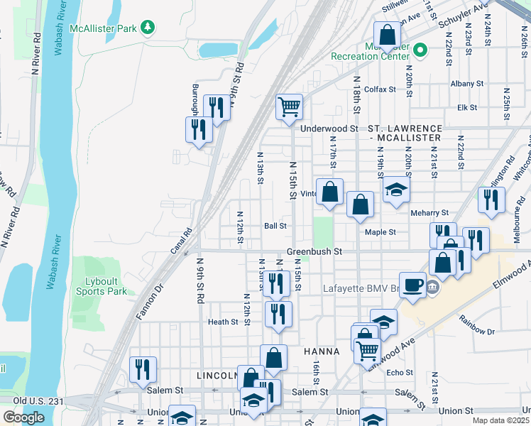 map of restaurants, bars, coffee shops, grocery stores, and more near 1617 North 13th Street in Lafayette