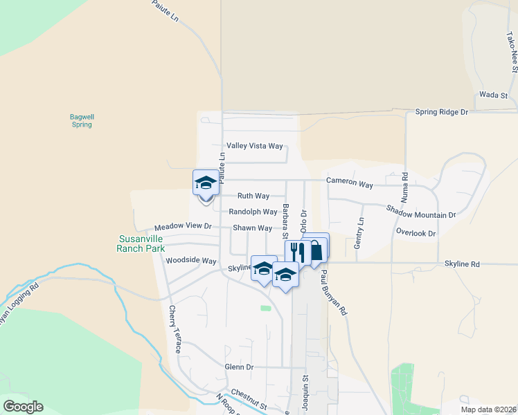 map of restaurants, bars, coffee shops, grocery stores, and more near 695 Randolph Way in Susanville