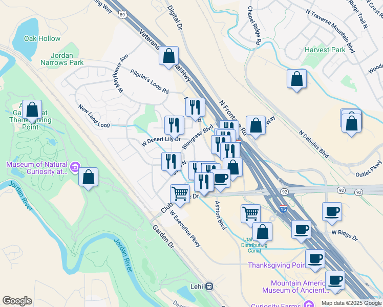 map of restaurants, bars, coffee shops, grocery stores, and more near 3741 Meadow Springs Lane in Lehi