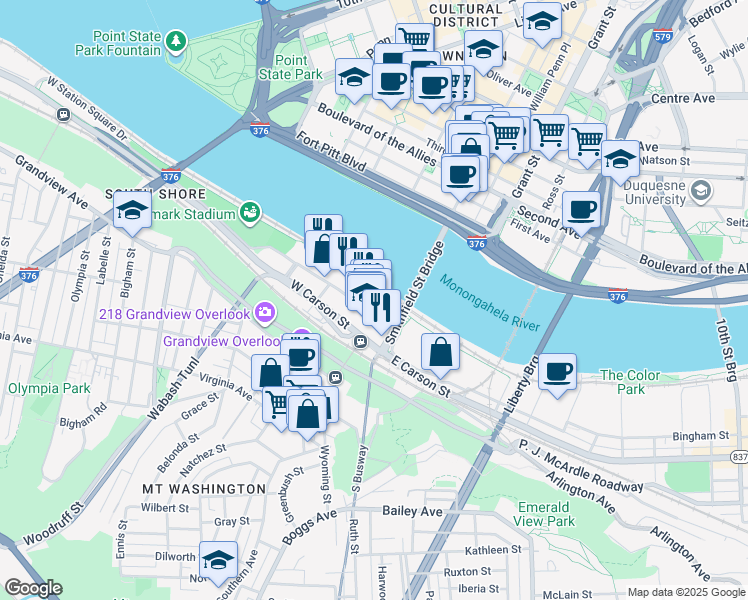 map of restaurants, bars, coffee shops, grocery stores, and more near 226 West Station Square Drive in Pittsburgh