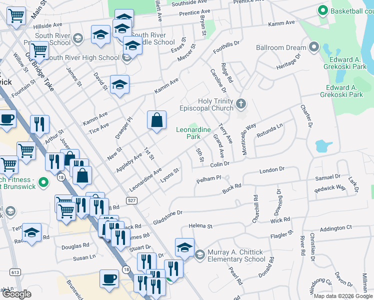 map of restaurants, bars, coffee shops, grocery stores, and more near 55 Leonardine Avenue in South River