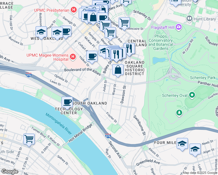 map of restaurants, bars, coffee shops, grocery stores, and more near 3326 Juliet Street in Pittsburgh