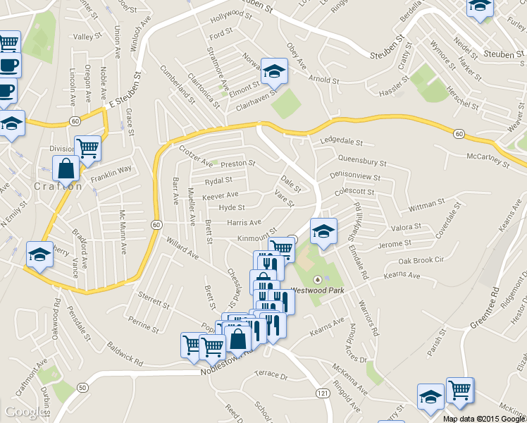 map of restaurants, bars, coffee shops, grocery stores, and more near 1342 Harris Avenue in Pittsburgh