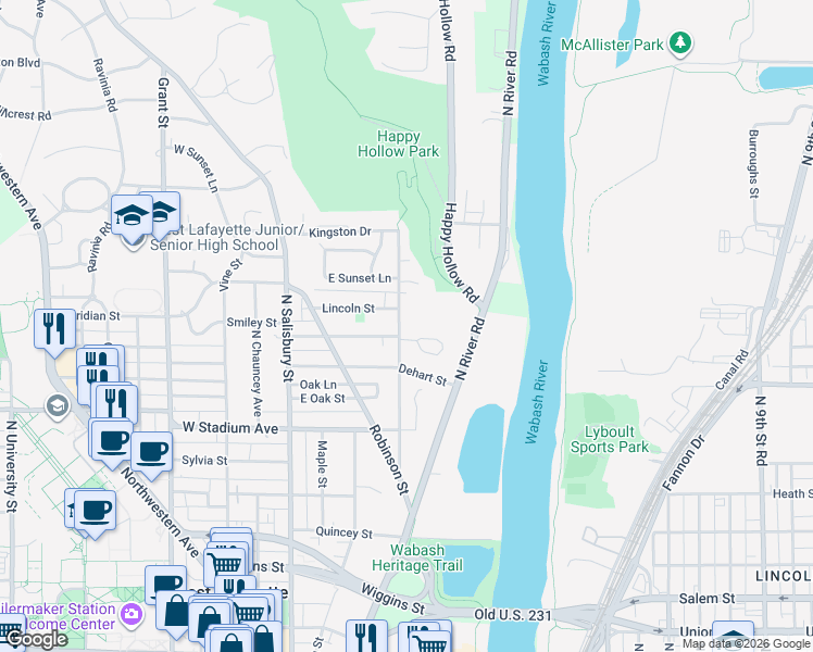 map of restaurants, bars, coffee shops, grocery stores, and more near 844 Rose Street in West Lafayette