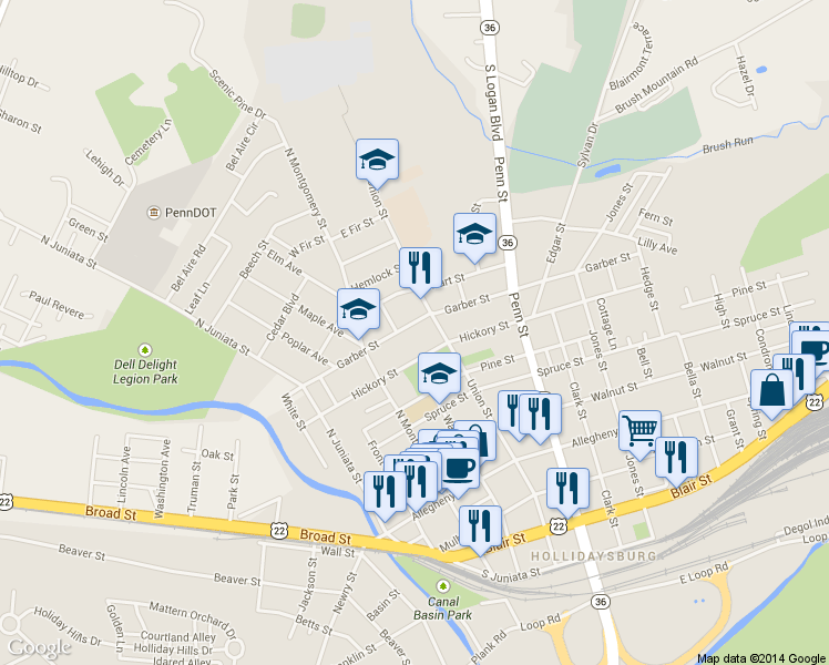 map of restaurants, bars, coffee shops, grocery stores, and more near 410 Garber St in Hollidaysburg