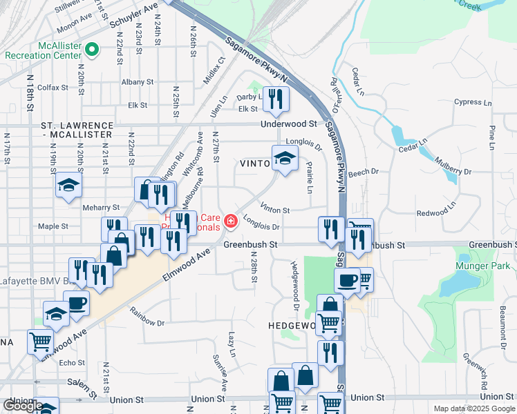 map of restaurants, bars, coffee shops, grocery stores, and more near 2807 Vinton Street in Lafayette