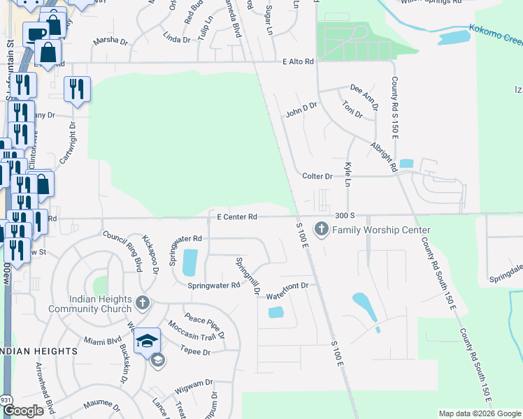 map of restaurants, bars, coffee shops, grocery stores, and more near 932 East Center Road in Kokomo