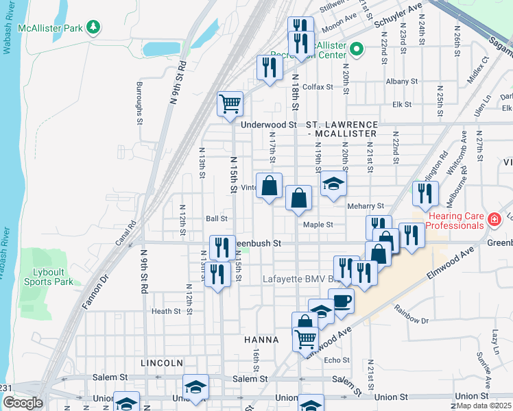 map of restaurants, bars, coffee shops, grocery stores, and more near 1619 North 16th Street in Lafayette