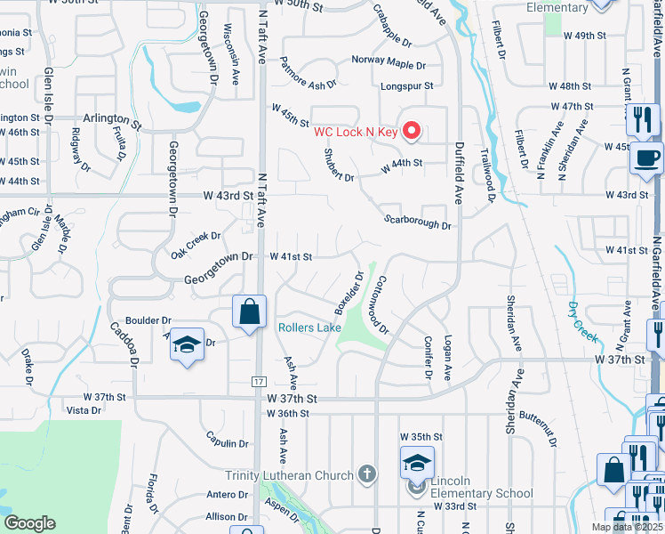 map of restaurants, bars, coffee shops, grocery stores, and more near 4057 Davidia Court in Loveland