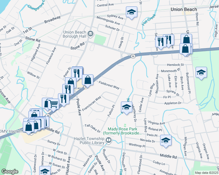 map of restaurants, bars, coffee shops, grocery stores, and more near 71 Fieldcrest Way in Hazlet