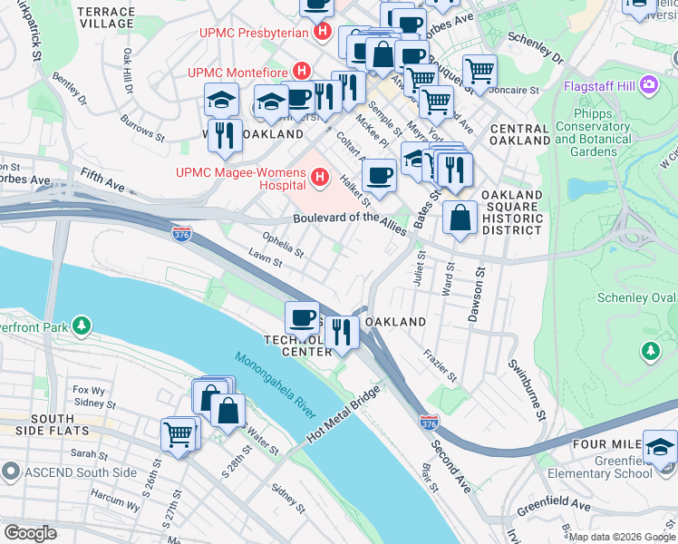 map of restaurants, bars, coffee shops, grocery stores, and more near 3201 Niagara Street in Pittsburgh