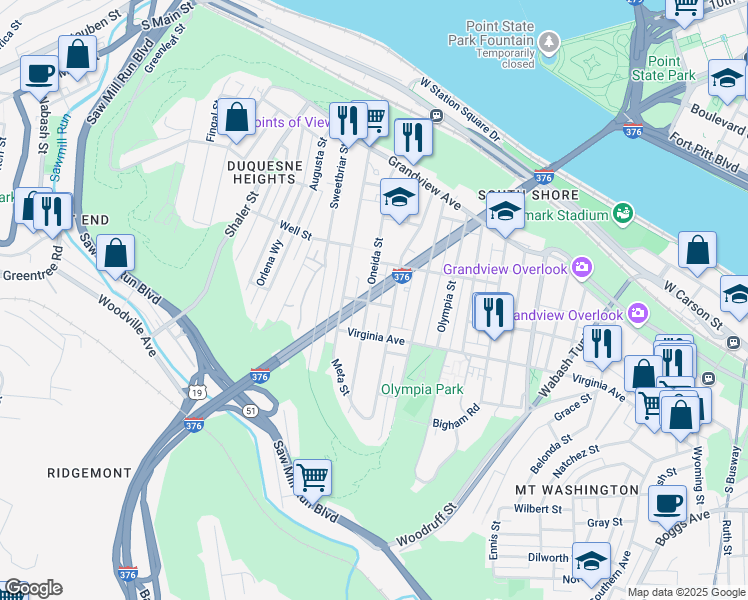 map of restaurants, bars, coffee shops, grocery stores, and more near 257 Oneida Street in Pittsburgh