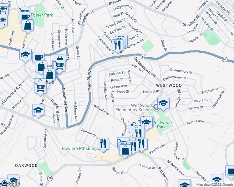map of restaurants, bars, coffee shops, grocery stores, and more near 143 Hyde Street in Pittsburgh