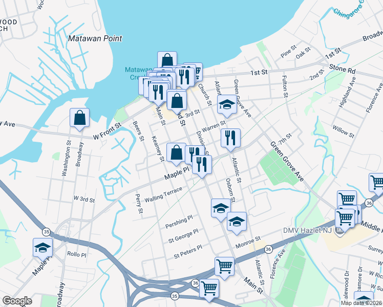 map of restaurants, bars, coffee shops, grocery stores, and more near 178 Broad Street in Keyport