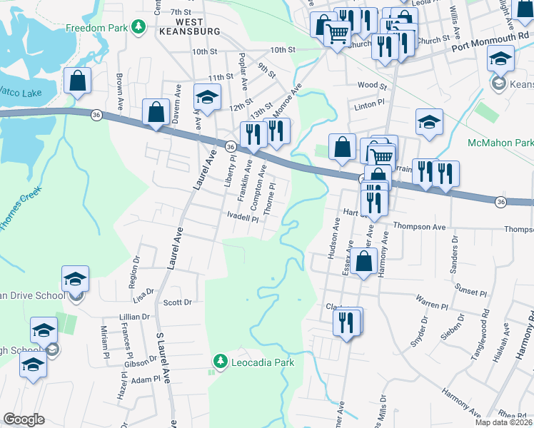 map of restaurants, bars, coffee shops, grocery stores, and more near Trumen Place in Hazlet