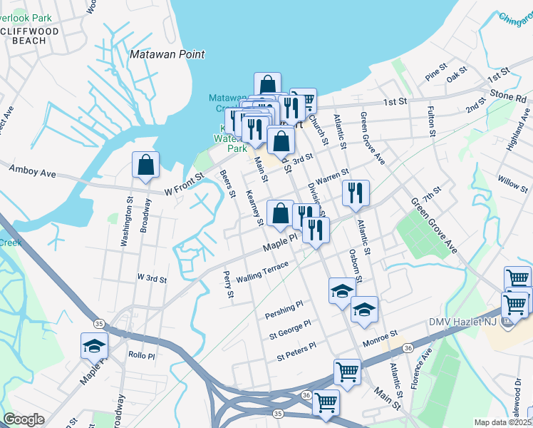 map of restaurants, bars, coffee shops, grocery stores, and more near 92 Main Street in Keyport