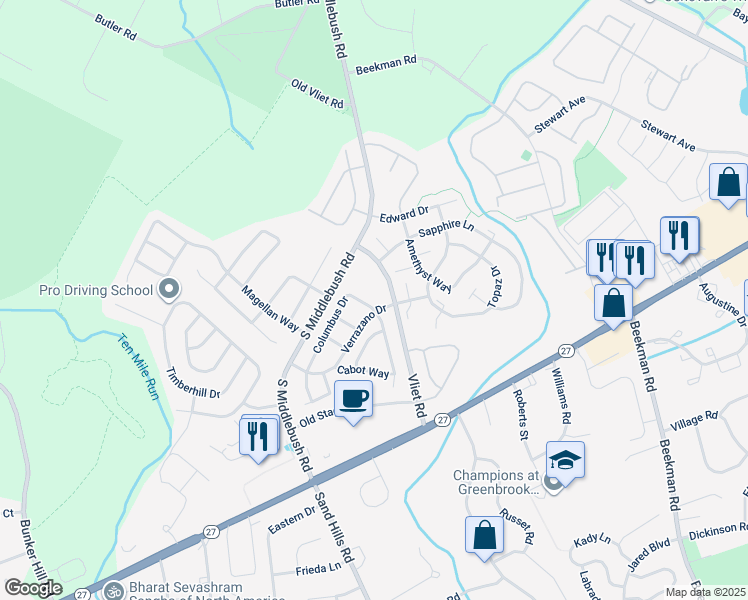 map of restaurants, bars, coffee shops, grocery stores, and more near 131 Columbus Drive in Franklin Township